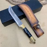 Couteau de chasse à lame fixe en acier Damas Full Tang avec manche en laiton et résine noire pour activités tactiques et cadeaux d'extérieur