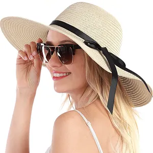 2023 Chapeaux de paille de soleil de plage d'été pour femmes Chapeau de soleil d'été à large bord avec nœud papillon Chapeau de plage pliable en paille hawaïenne pour femmes
