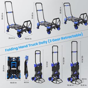 2-1 330LBS Folding Hand Truck <strong>Dolly</strong> Retractable Handle &amp; 4 Rubber <strong>Wheels</strong> Hand Cart Foldable for Travel/Luggage/Office/Moving - Product Image 6