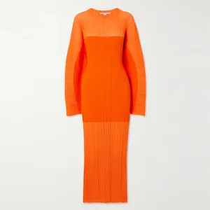 Knitwear Manufacturer Custom Spring Autumn Orange Crew Neck Long Sleeve Women Ribbed Knit Sweater Maxi Dress