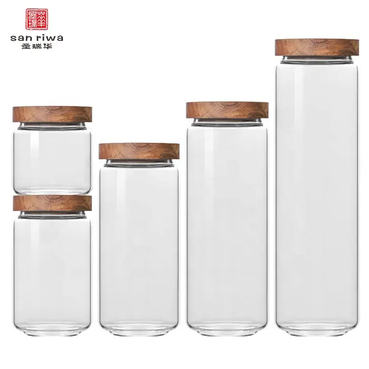 wholesale food storage borosilicate glass jars with Acacia wood lid