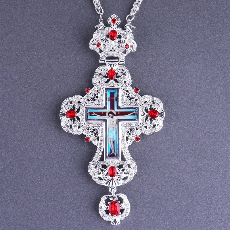 ZD019 Collar de cruz pectoral ortodoxa de aleación chapada en plata con piedras cristalizadas Regalo espiritual para la Iglesia