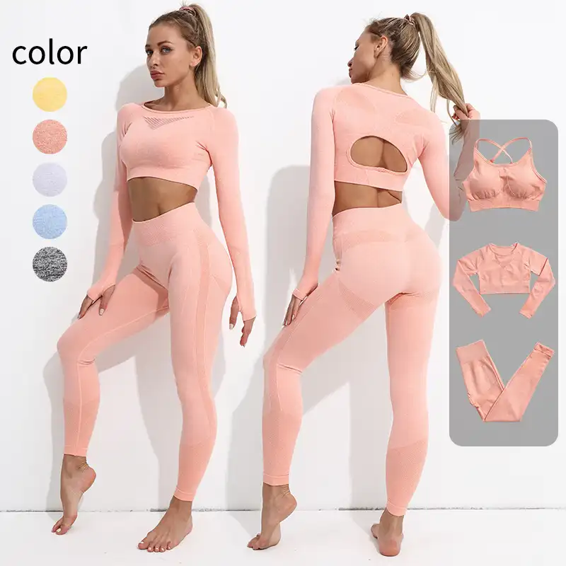 Wholesale Custom 2022 Women Stretch Fitness Yoga Wear High Waist Long Sleeve Sexy Bra Leggings Seamless 3 Piece Yoga Sets