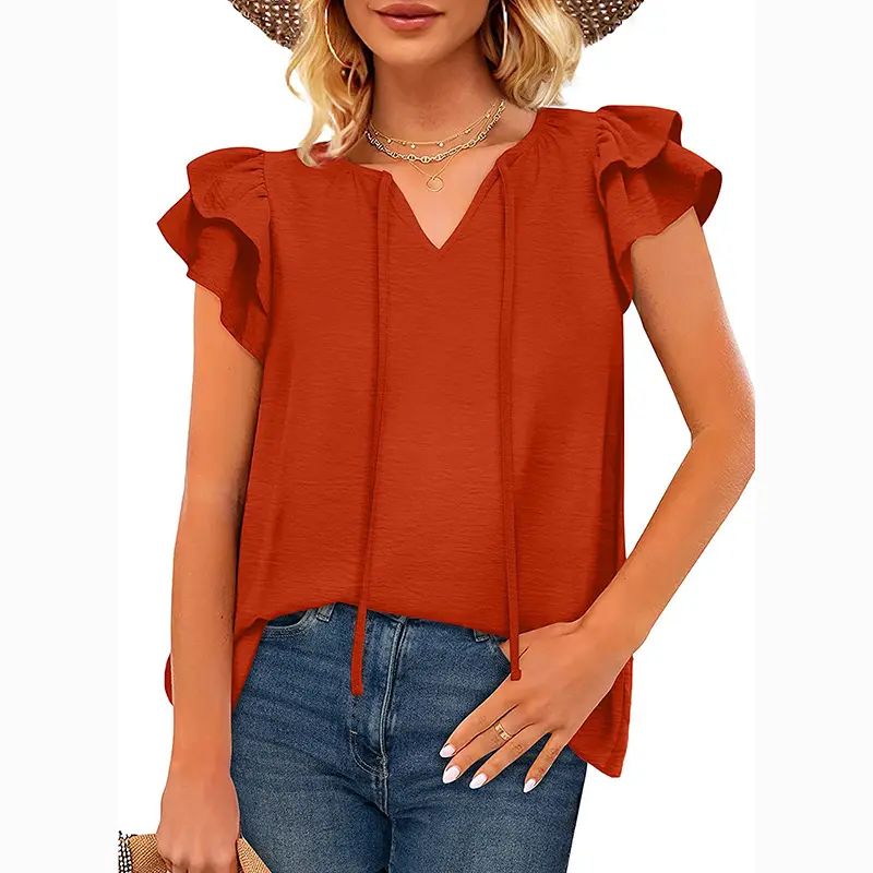 Giản Dị Màu Rắn V Cổ Ruffles Tay Áo Tee Áo Sơ Mi Top Loose Tops Áo Thun Mùa Hè Phụ Nữ Quần Áo