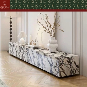 Console TV moderne et artistique pour salon, en marbre Calacatta à base blanche et veines noires, 3 tiroirs à ouverture par pression, découpe sur mesure OEM - Product Image 4