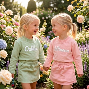 Set Personalizzato con Nome Ricamato <span class=keywords><strong>per</strong></span> <span class=keywords><strong>Bambina</strong></span>, Maglietta a Maniche Corte e Gonna Corta in Spugna Francese, Set Boutique <span class=keywords><strong>per</strong></span> Bambine - Product Image 2