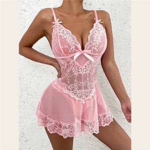 Lace Bodysuit Cute Transparent Gauze Bow Embroidery <b>Light</b> Control <b>Sleep</b> Dress - Product Image 2