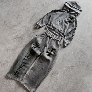 Ensemble survêtement unisexe en coton premium, pantalon de jogging et sweat à capuche surdimensionnés, avec logo personnalisé imprimé, pour hommes - Product Image 3