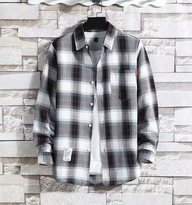 High Quality Autumn Men's Loose Fit Heavyweight Flannel Casual Dark Plaid Pattern Flannel Nice Trending Long-sleeve Plaid Shirt