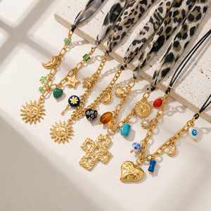 Collana da donna trendy in acciaio inossidabile placcato oro PVD 18K, con ciondoli a forma di leopardo, sciarpa, sole, croce, cuore, occhio di diavolo, resistente all'ossidazione, estiva - Product Image 1