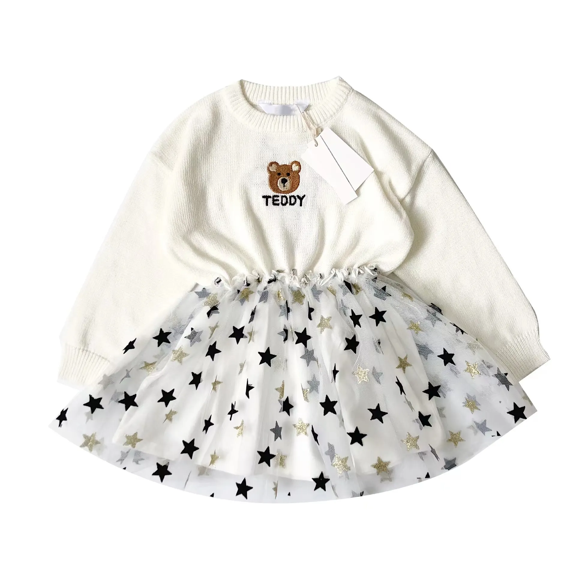 Spring Girls Tutu Mesh Dress Bear Embroidered Sparkle Print Knit Long Sleeve Cute Dress For Girls