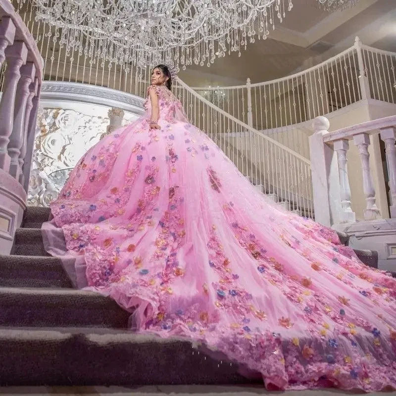 pink butterfly quince dress Pink Quinceanera Dresses with 3D Butterflies Off Shoulder Sweet 15 16 Ball Gowns