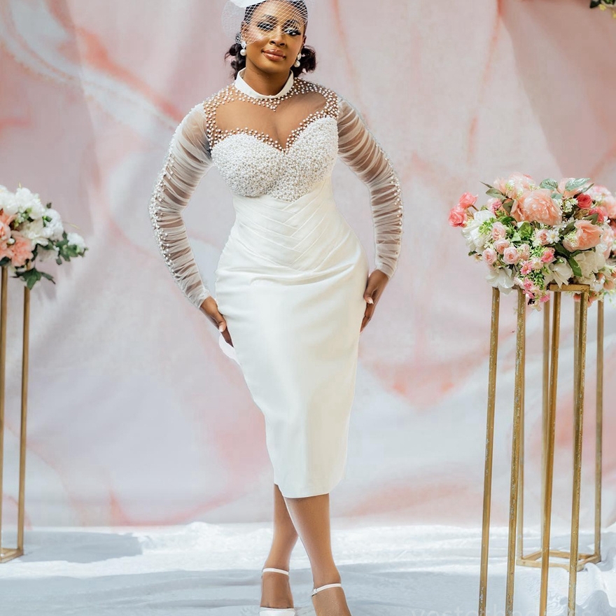 Arabic Civil Wedding Dress - Customized High Collar Long Sleeve Beaded Pleats Tea Length Gown for Traditional African Brides Arabic Civil Wedding Dress - Customized High Collar Long Sleeve Beaded Pleats Tea Length Gown for Traditional African Brides
