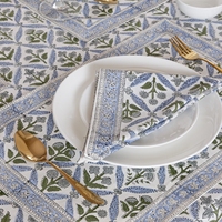 Nappe rectangulaire en coton 100% à imprimé botanique bleu avec bordure rayée pour la décoration de la maison