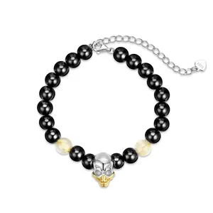 Schwarzes Onyx-Armband mit authentischem 925er Sterling Silber Schädel zauber für Frauen Naturstein verstellbares Armband Schmuck Mode