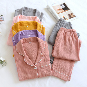 Pyjama <span class=keywords><strong>de</strong></span> haute qualité en <span class=keywords><strong>gaze</strong></span> <span class=keywords><strong>double</strong></span> couche unie 2 pièces ensemble pyjama femme 100% coton - Product Image 5