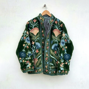 <b>Green</b> <b>Velvet</b> Suzani Embroidered Stand Collar Ethnic Unisex Jacket Handcrafted Floral Design Cotton Lining Women's Casual - Product Image 1