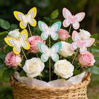 Décoration de jardin en forme de papillon à 3 couches, pot de fleurs, piquet à fleurs, motif à carreaux scintillant, décoration de jardin printanière, piquet pour plantes, jaune pastel, vert, rose
