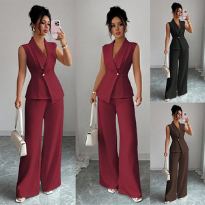 Ensemble de costume sans manches pour femmes, couleur unie, pantalon droit, deux pièces, vêtements de travail décontractés, Smlxlxxl - Product Image 1