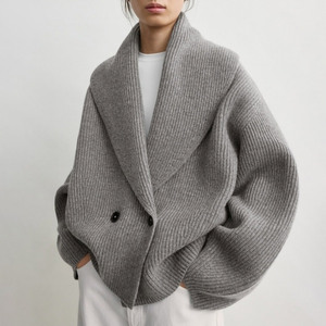 Cardigan Jancoco Personalizzato Grigio Mélange con Collo a Scialle per Donna, Maglione Corto con Bottoni e Lavorazione a Costine per Autunno e Inverno - Product Image 1