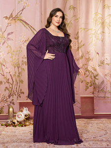 Robe de soirée maxi élégante pour femme, en mousseline de soie, à col carré, à manches longues, à sequins, à motifs patchwork, à <span class=keywords><strong>coupe</strong></span> ajustée, à ourlet plissé, de couleur violette - Product Image 5