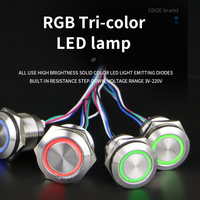 Bouton-poussoir étanche 19/22mm LED momentané, course courte, rouge/vert/bleu, acier inox, IP65, 12V.
