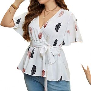 Yi 2026 Nova Blusa Feminina de Verão com Manga Curta, Estampa de Pena, Decote V, Amarração Transpassada, Tamanhos Grandes e Cinto Peplum - Product Image 5
