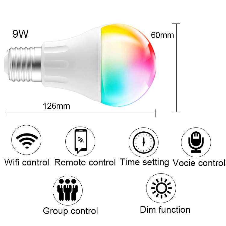 Réglable drôle e27 b22 rgbcw 9w 12w led dimmable ampoule intelligente WIFI avec Téléphone Google Home et ALexa