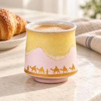 Tasse à café en céramique Porcelaine Route de l'Orge 125ml, tasse à expresso sans anse, motif caravane dorée, glaçure réactive, style bohème rayé pour café