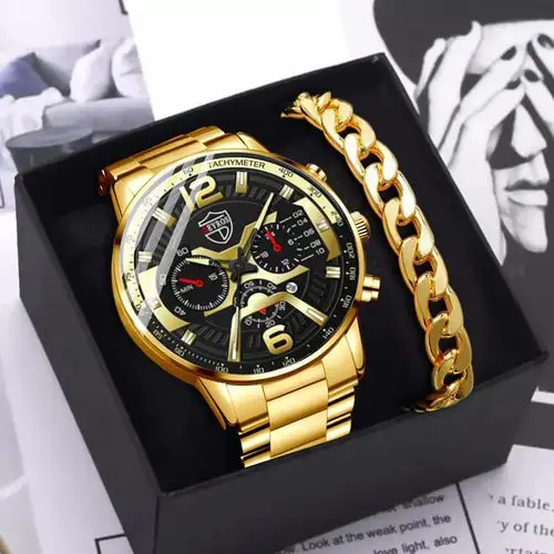cheap 2024 Men 2pcs Watches Box Bracelet Sets gold Classic Casual black Sport Quartz Wrist Watch for Men