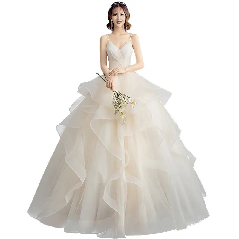 Vestido de novia personalizado con escote en V profundo, tirantes finos, color blanco champán, 2022