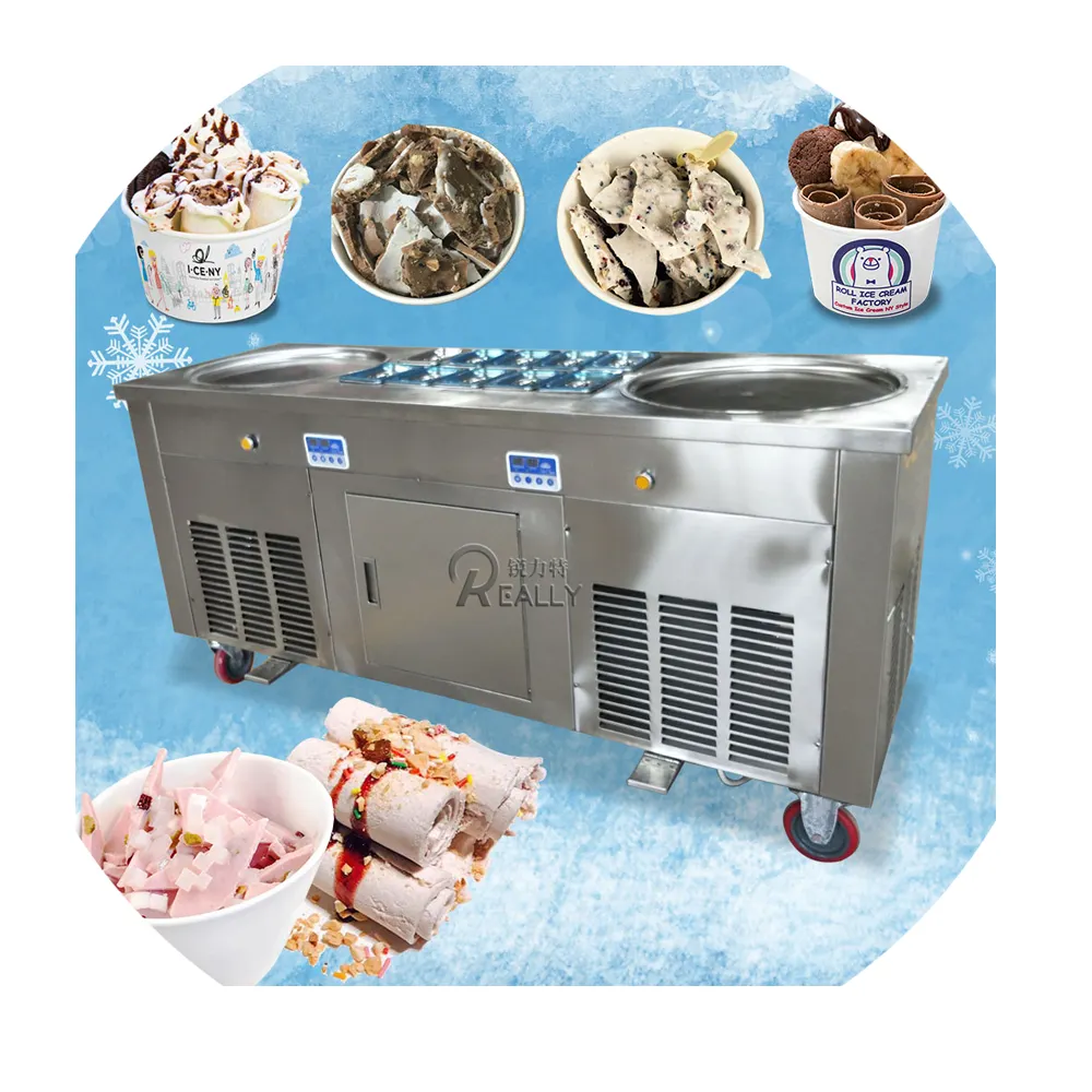 Çift tava kızarmış dondurma rulo makinesi elektrikli donma tava kızarmış yoğurt kızarmış dondurma makinesi