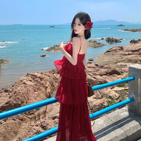 Robe longue à volants pour femme, élégante, à fines bretelles, en mousseline rouge, idéale pour l'été, la plage et les vacances – Vente en gros usine, personnalisable