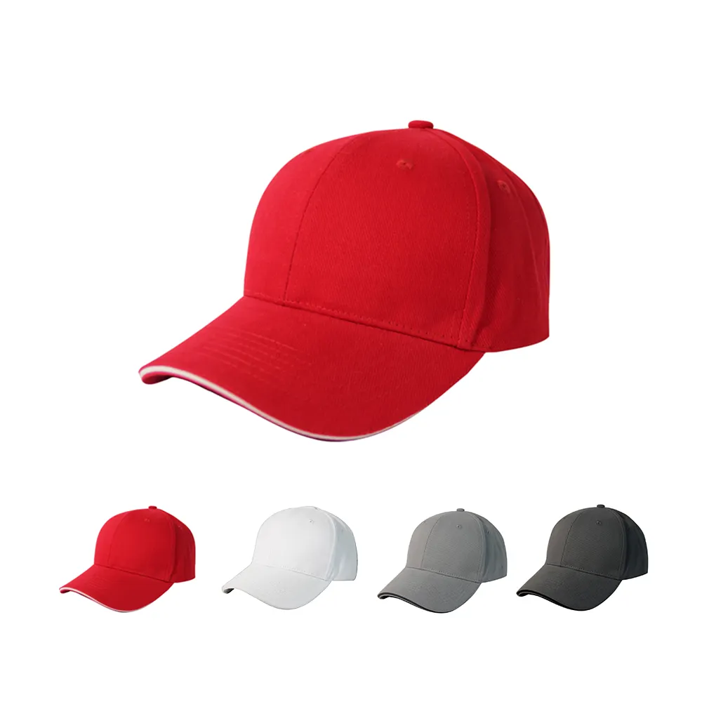 Sombrero de promoción Gorras deportivas básicas en blanco de 6 paneles Gorra de béisbol sándwich de sarga de algodón con cepillo pesado sin logotipo