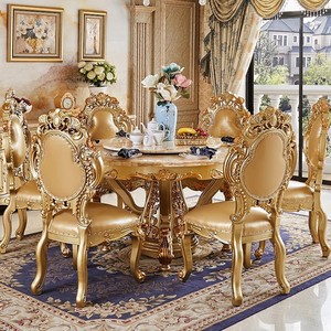 Europese houten eettafel met marmeren blad, gegraveerd patroon, draaibare tafel en stoelenset voor hotel, villa en thuisgebruik - Product Image 3