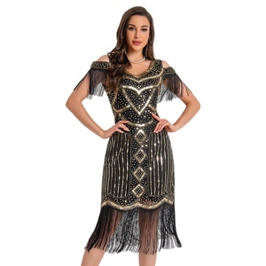 فستان نسائي جديد بتصميم عشرينيات القرن الماضي مع شراشيب، <span class=keywords><strong>ملابس</strong></span> حفلات بطابع <span class=keywords><strong>غاتسبي</strong></span>، فستان كوكتيل عتيق الطراز مزين بالترتر والخرز بدون أكتاف - Product Image 4