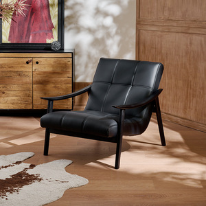 Sillón Individual Minimalista Italiano de Cuero Genuino con Estructura de Madera de Fresno, Diseño Reclinable para Sala de Estar - Product Image 1