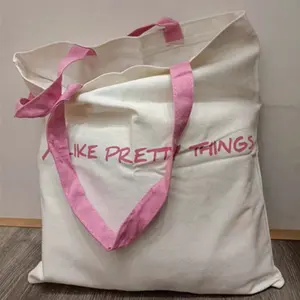 Chuanghua Nature Cotton Tote Bag Heavy Weight Tote Bags For Women Silkscreen Logo Tote Bag Canvas With Pink Handle