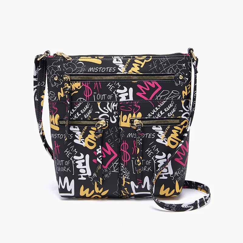 New Factory Supply Black Colorful Printing Customized High-quality Designer PU Leather Crossbody Bag Multiple Layer Tote Bag