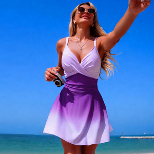 Traje de baño de una pieza para mujer con degradado, estilo halter cruzado y falda, bikini, ropa de playa, moda, ajuste elástico retorcido - Product Image 4