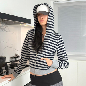 Walking "spalla <span class=keywords><strong>felpa</strong></span> a righe corte <span class=keywords><strong>con</strong></span> <span class=keywords><strong>cappuccio</strong></span> <span class=keywords><strong>con</strong></span> sfondo grigio <span class=keywords><strong>e</strong></span> strisce <span class=keywords><strong>blu</strong></span> nascoste - Product Image 4