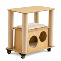Table d'appoint pour chat G12 à 2 niveaux avec maisonnette pour chat en MDF et corde de sisal, 4 roulettes, bois naturel, 59 cm, 9 kg, YAOYUE