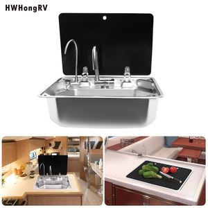 Fregadero de Cocina para Autocaravana de Acero Inoxidable 304 con Tapa de Vidrio Templado y Kit de Grifo Plegable de Agua Fría y Caliente para Barco o Camper - Product Image 1