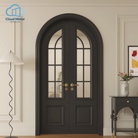 Porte de chambre moderne mi-siècle en contreplaqué courbé avec 3 vitres teintées, insonorisée, sur mesure pour maison et hôtel