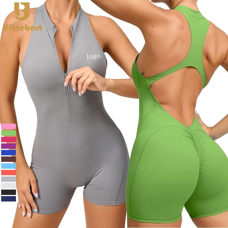 12 Farben Damen sexy Rennsportback Yoga-Stopper Frontreißverschluss Einteiliges Yoga-Set Körperanzüge zerknitterter Po aktive Kleidung Fitness-Jumpsuit