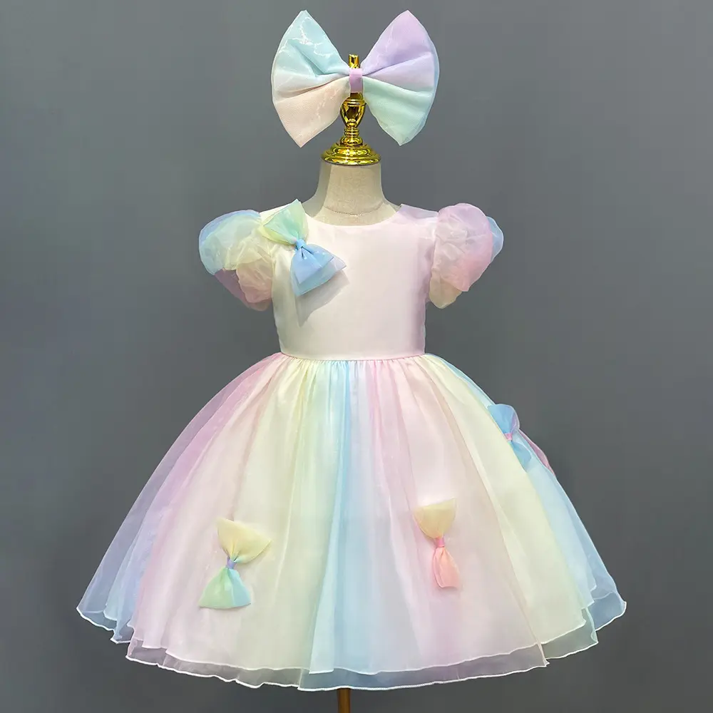 Children's bubble sleeve princess dress 2-12 year old girl rainbow candy color gauze dress banquet host show bridesmaid dress