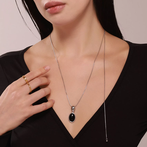 Chaîne à maillons en acier inoxydable plaqué or 18 carats à la mode noir marron ovale pierre précieuse pendentif colliers cadeau pour les femmes - Product Image 3