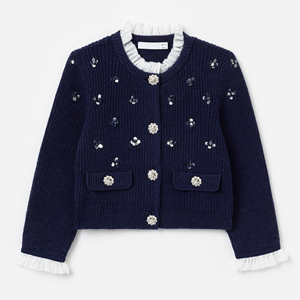 Conjunto de Dos Piezas para Niñas: Cárdigan Casual Transpirable de Punto con Adorno de Osito Billybear Azul Marino 100% Algodón y Falda Lápiz - Product Image 2
