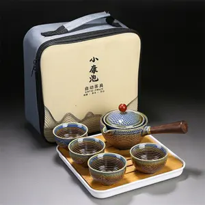 Xách tay hoa tinh tế Trung Quốc gongfu Kung Fu Bộ trà ấm trà gốm W/Gỗ xử lý side-xử lý nồi cup teaware dropshipping