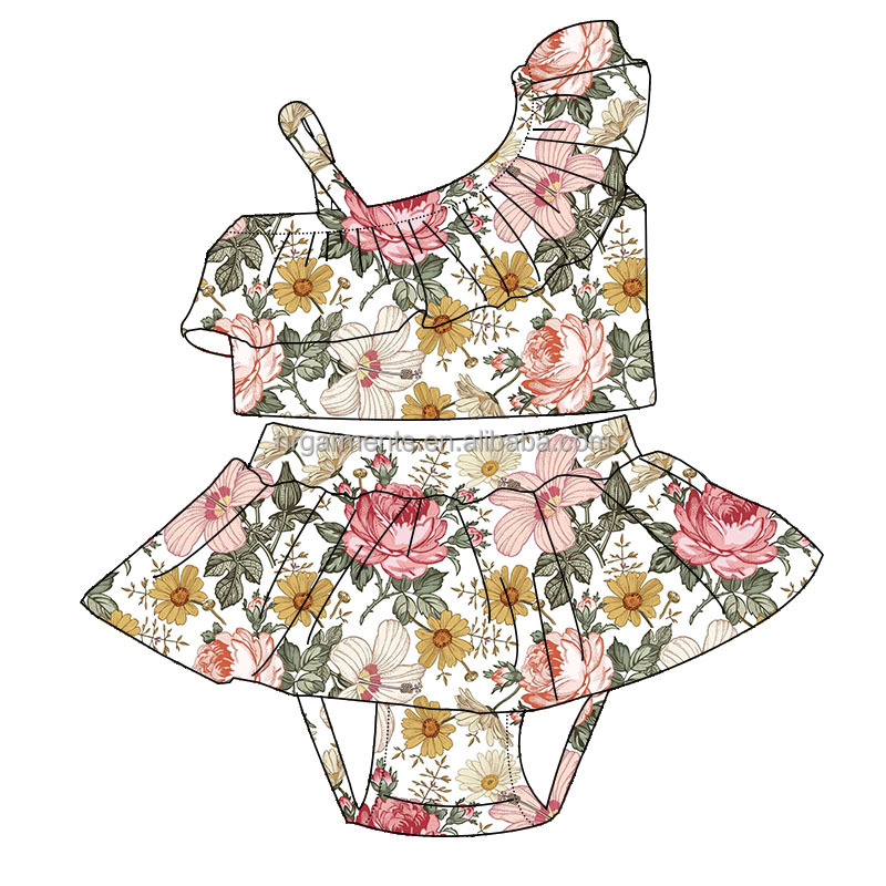 Купальный костюм для девочек, комплект для плавания с цветочным принтом, топ с оборками и юбка с завышенной талией, бикини для девочек 15 лет